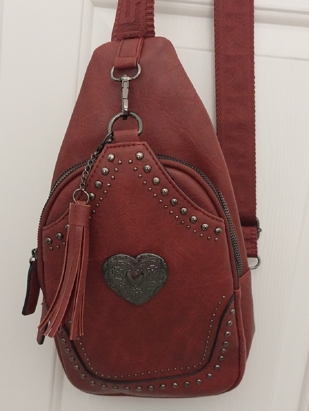 Studded Heart Crossbody Sling Bag in Rust Red - Unbranded